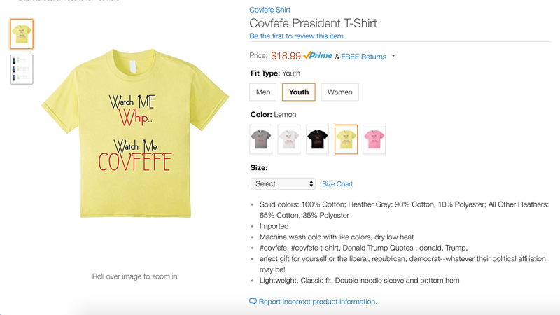Illustration for article titled Be the Saddest Guy in the Office With Amazon's Embarrassing 'Covfefe' Swag